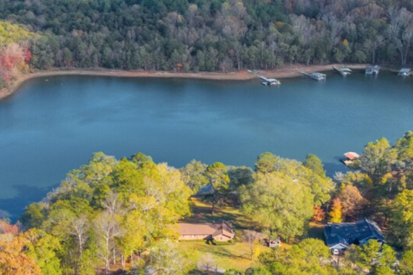 Aerial view of a wooded cove with boat docks on Lake Hartwell